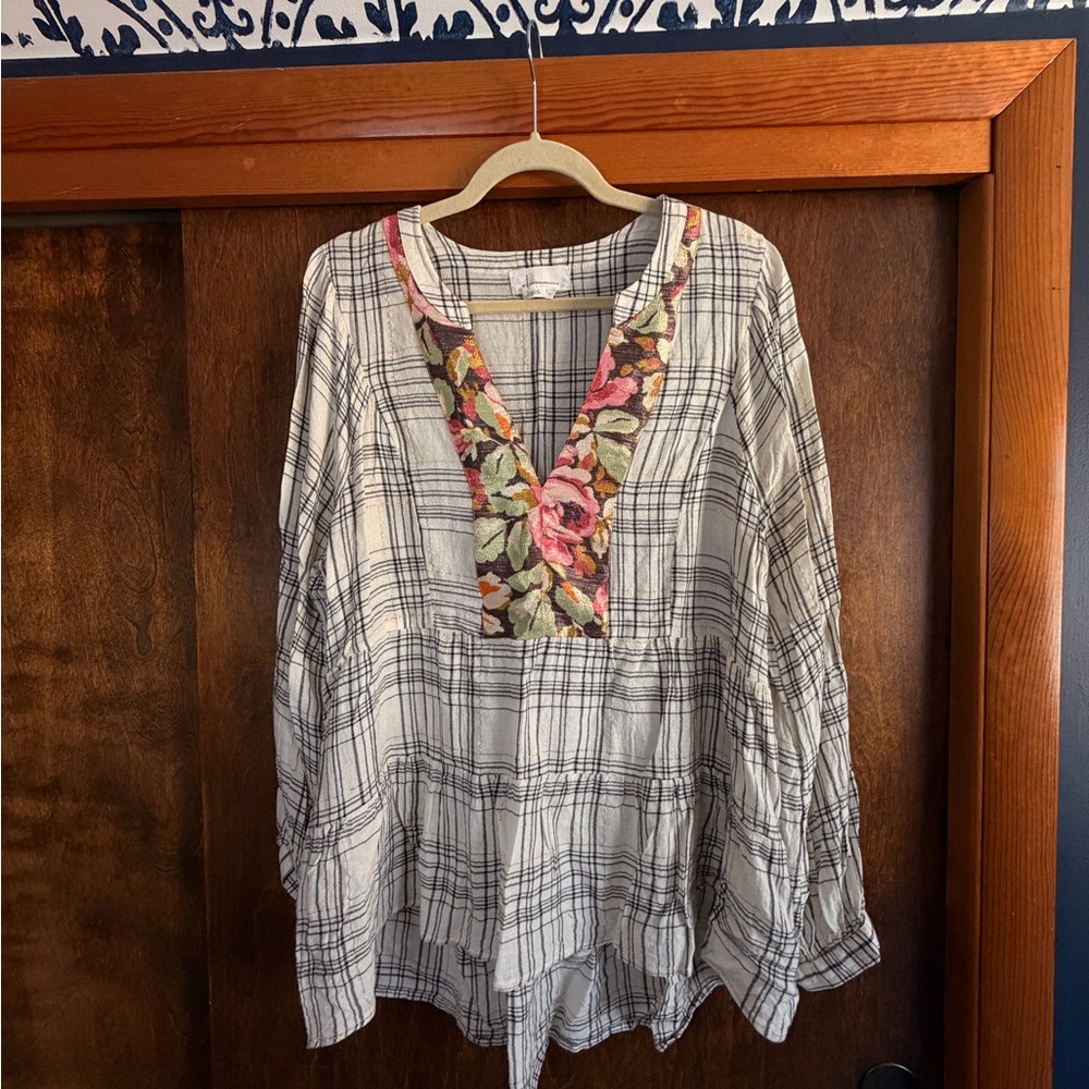 Anthropologie Black and White Plaid Tunic with Floral V-Neck